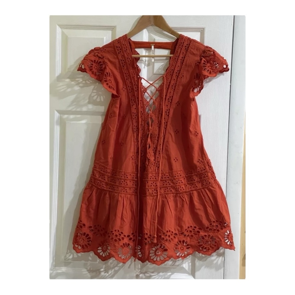 Free People Orange Esperanza Eyelet Boho Flowy Lace-Up Mini Dress Size XS - Picture 3 of 8